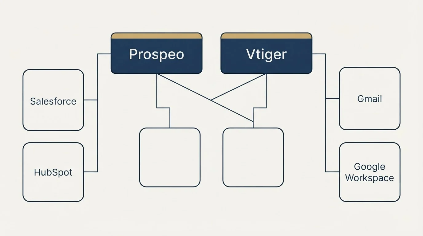Integration grid: Integration Ecosystem (Prospeo, Vtiger, Salesforce, Gmail)