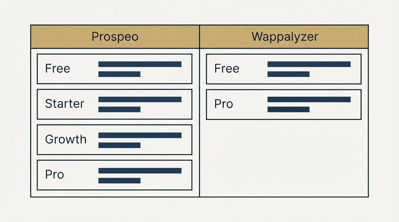 Pricing table: Pricing Comparison (Prospeo, Wappalyzer, Free, Starter)