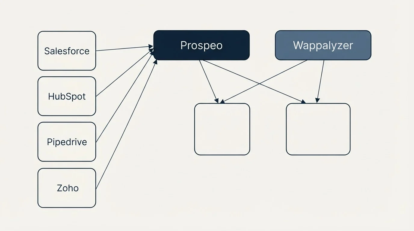 Integration grid: Integration Ecosystem (Prospeo, Wappalyzer, Salesforce, HubSpot)