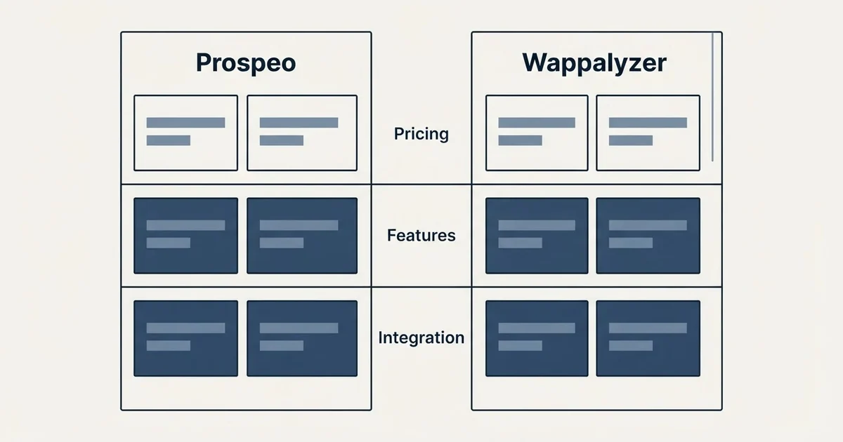 Comparison panel: Prospeo vs Wappalyzer (Pricing, Features, Integration)