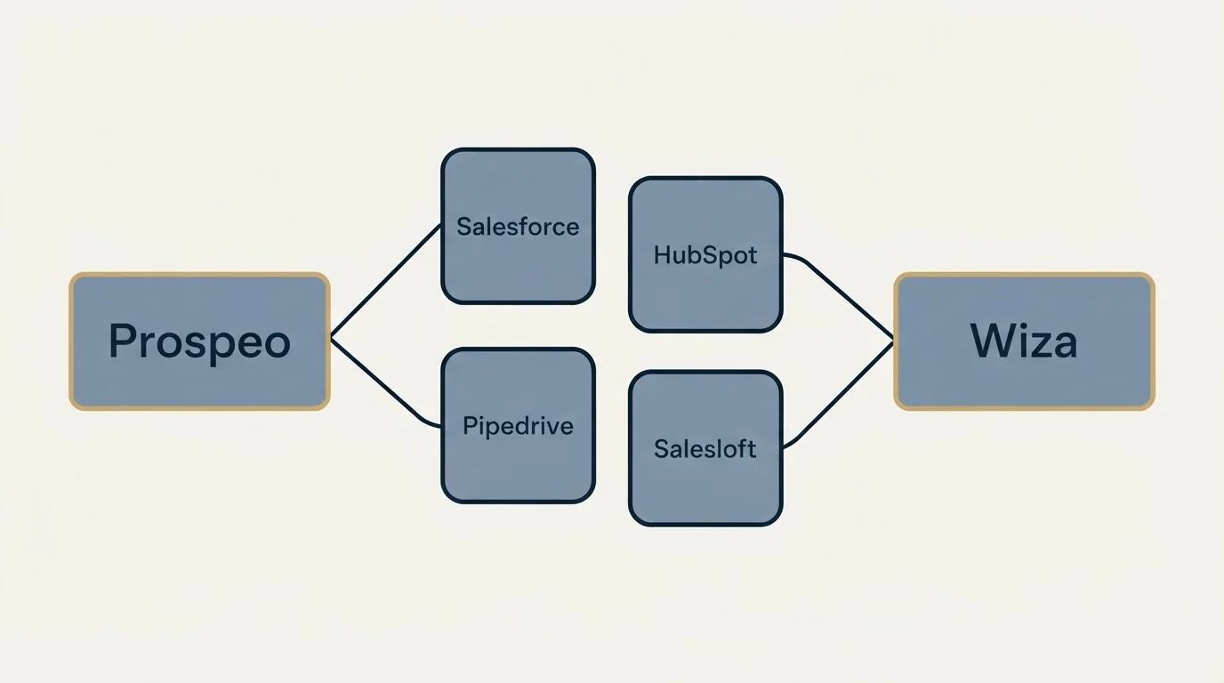 Integration schematic: Integration Ecosystem (Prospeo, Wiza, Salesforce, HubSpot)