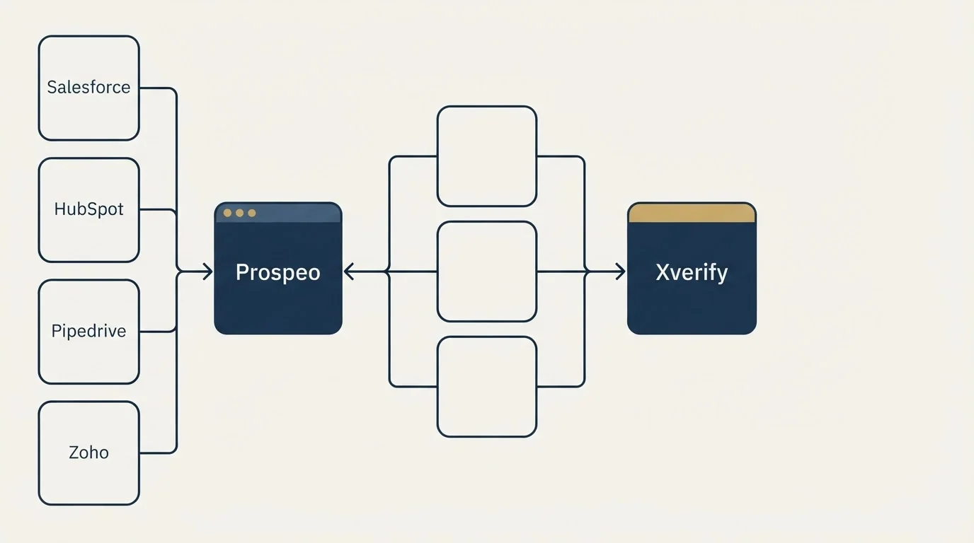 Integration flow: Integration Ecosystem (Prospeo, Xverify, Salesforce, HubSpot)