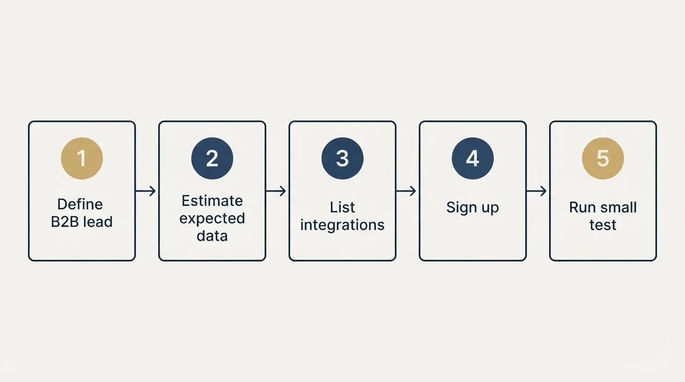 Step sequence: Getting Started Checklist (Define B2B lead, Estimate expected data, List integrations, Sign up)