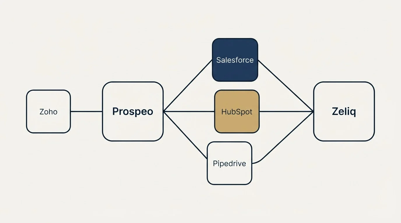 Integration schematic: Integration Ecosystem (Prospeo, Zeliq, Salesforce, HubSpot)