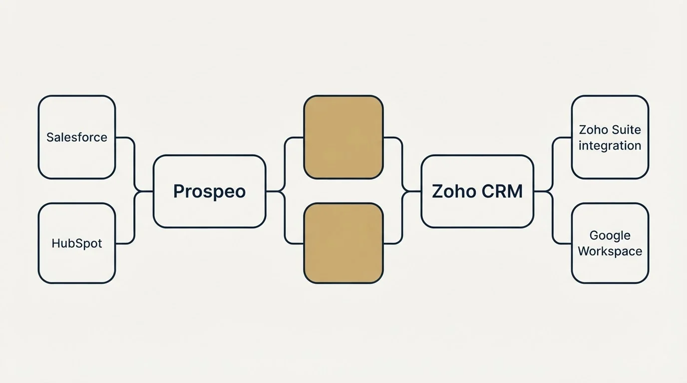 Integration schematic: Integration Ecosystem (Prospeo, Zoho CRM, Salesforce, Zoho Suite integration)