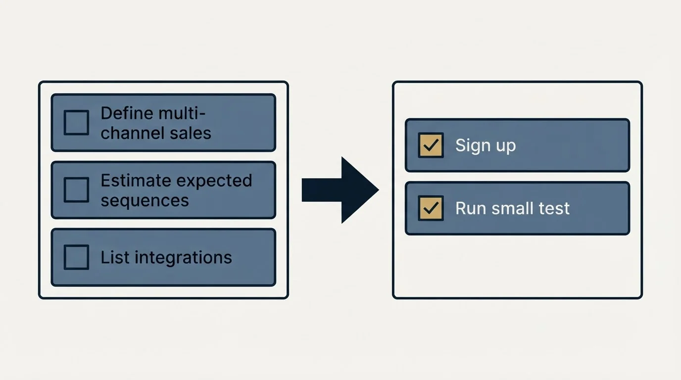 Before-and-after steps: Getting Started Checklist (Define multi-channel sales, Estimate expected sequences, List integrations, Sign up)