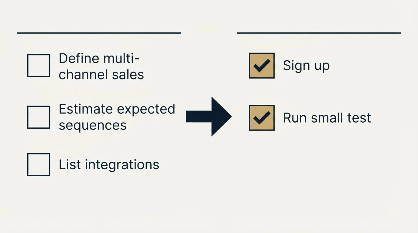 Before-and-after steps: Getting Started Checklist (Define multi-channel sales, Estimate expected sequences, List integrations, Sign up)