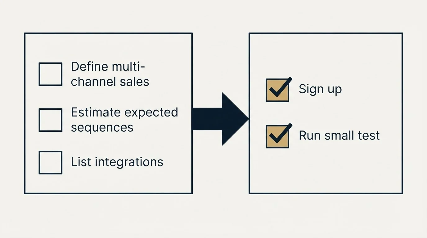Before-and-after steps: Getting Started Checklist (Define multi-channel sales, Estimate expected sequences, List integrations, Sign up)