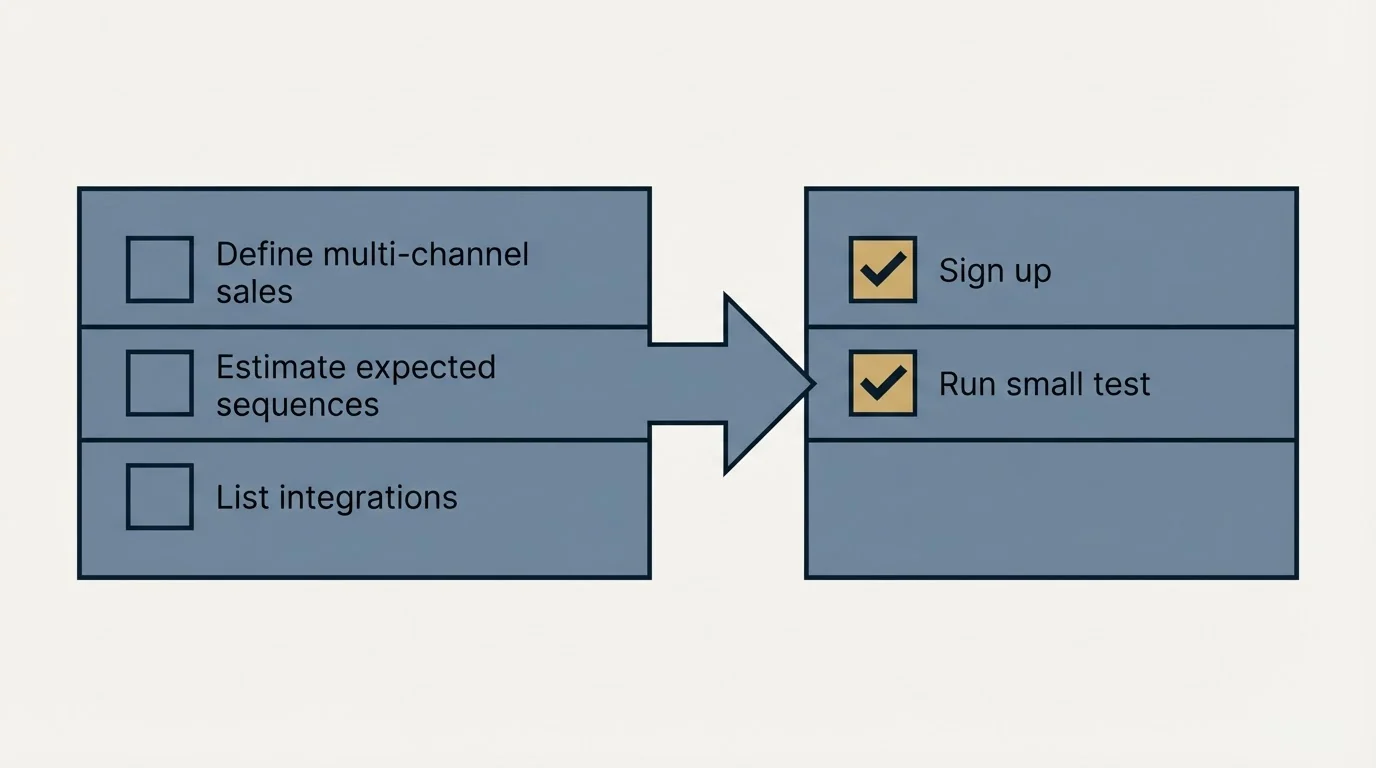 Before-and-after steps: Getting Started Checklist (Define multi-channel sales, Estimate expected sequences, List integrations, Sign up)