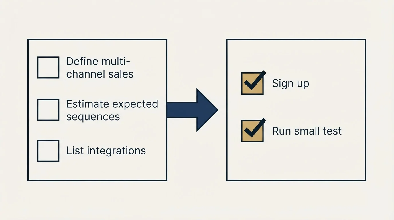 Before-and-after steps: Getting Started Checklist (Define multi-channel sales, Estimate expected sequences, List integrations, Sign up)