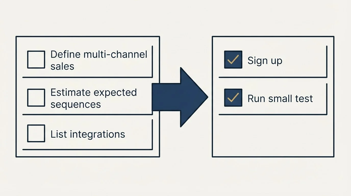 Before-and-after steps: Getting Started Checklist (Define multi-channel sales, Estimate expected sequences, List integrations, Sign up)