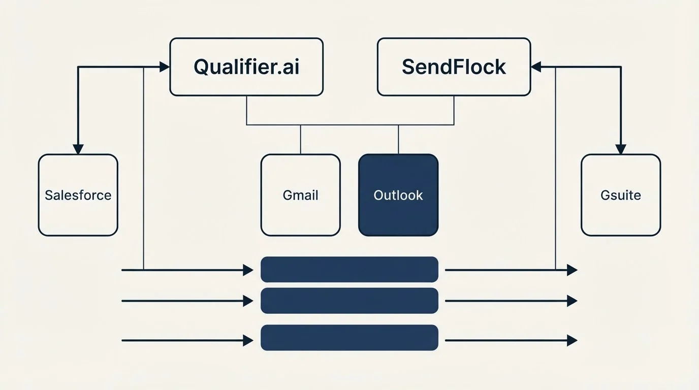 Integration grid: Integration Ecosystem (Qualifier.ai, SendFlock, Gmail, Outlook)