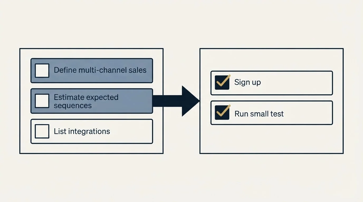Before-and-after steps: Getting Started Checklist (Define multi-channel sales, Estimate expected sequences, List integrations, Sign up)
