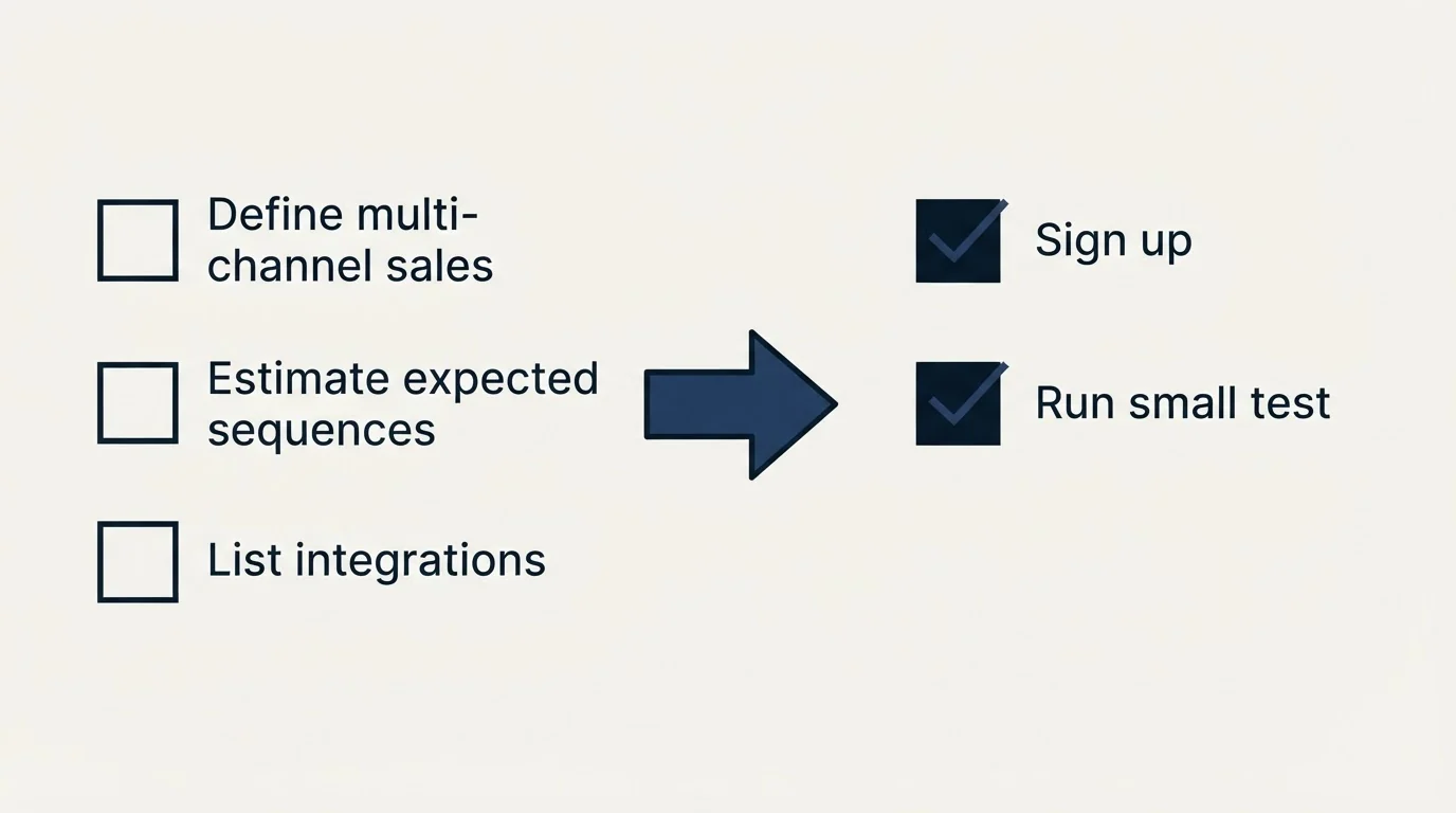 Before-and-after steps: Getting Started Checklist (Define multi-channel sales, Estimate expected sequences, List integrations, Sign up)