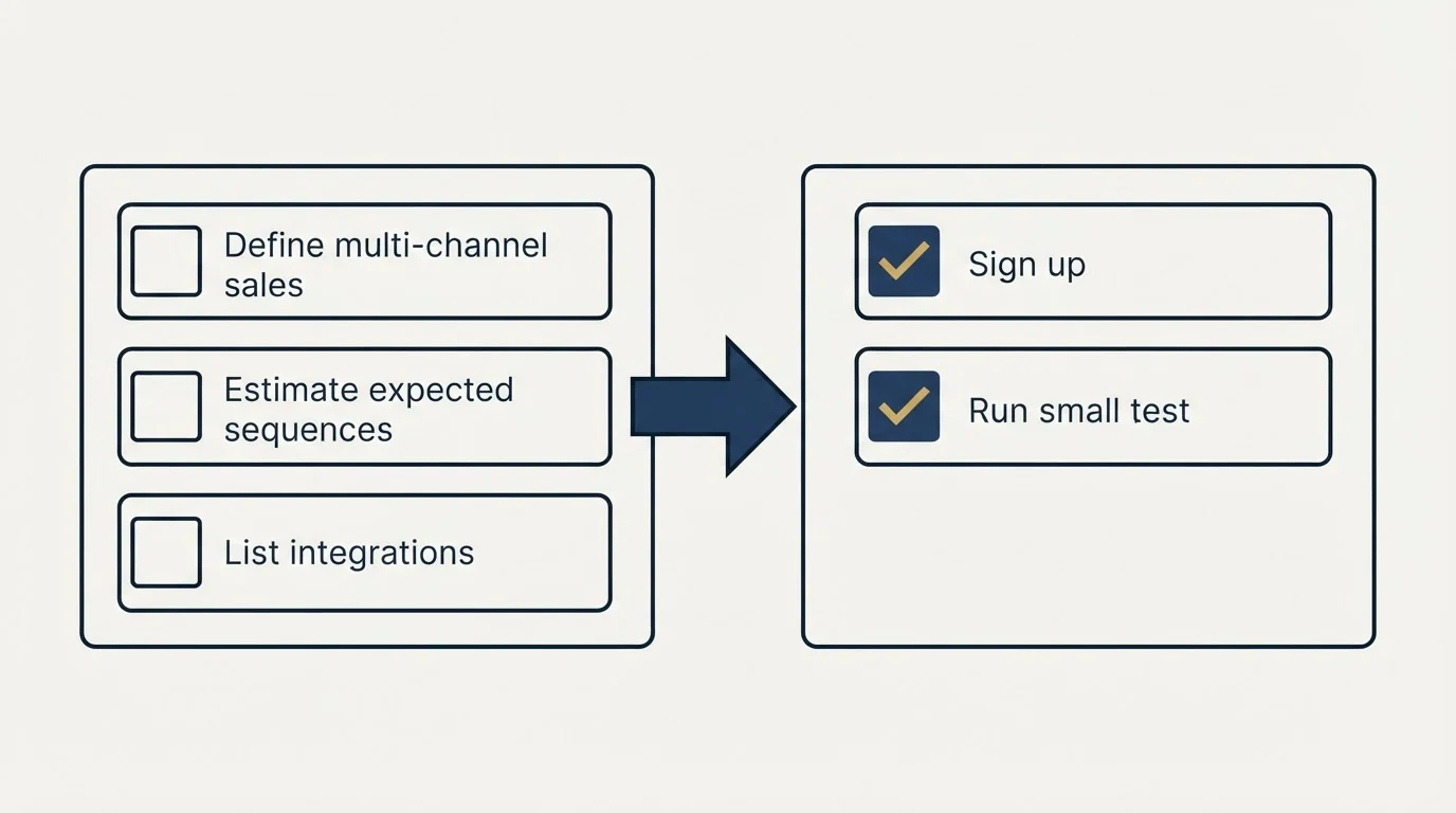 Before-and-after steps: Getting Started Checklist (Define multi-channel sales, Estimate expected sequences, List integrations, Sign up)