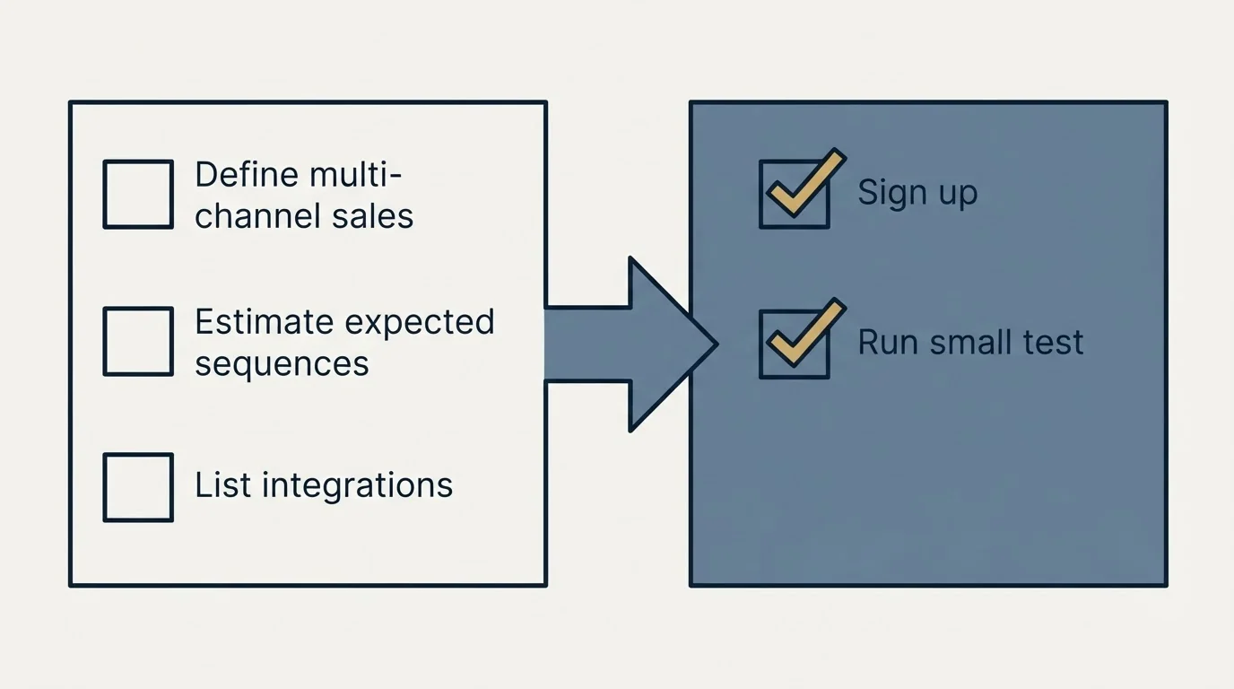 Before-and-after steps: Getting Started Checklist (Define multi-channel sales, Estimate expected sequences, List integrations, Sign up)