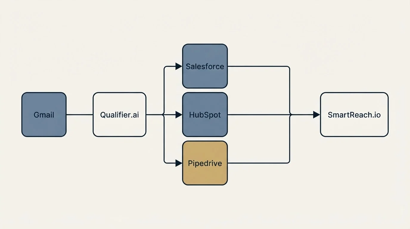 Integration schematic: Integration Ecosystem (Qualifier.ai, SmartReach.io, Salesforce, HubSpot)