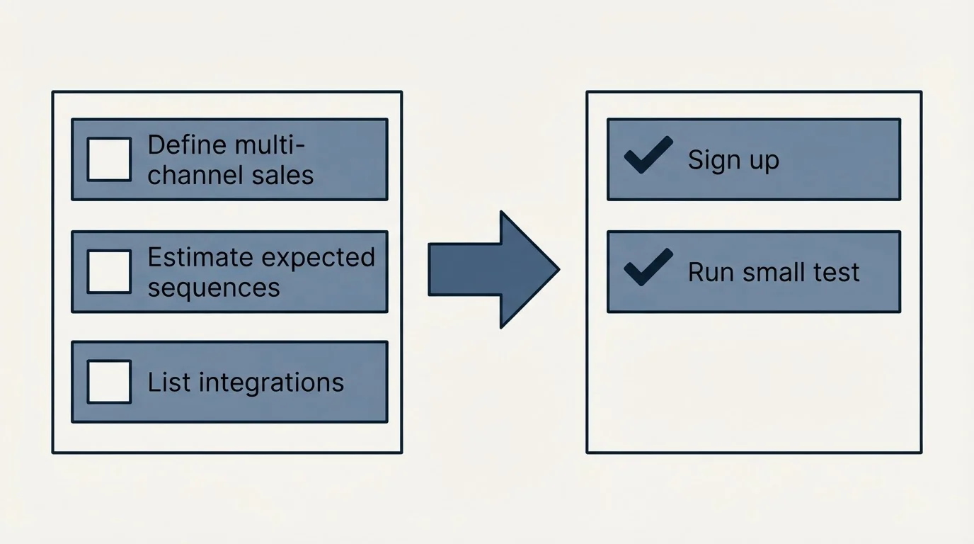Before-and-after steps: Getting Started Checklist (Define multi-channel sales, Estimate expected sequences, List integrations, Sign up)