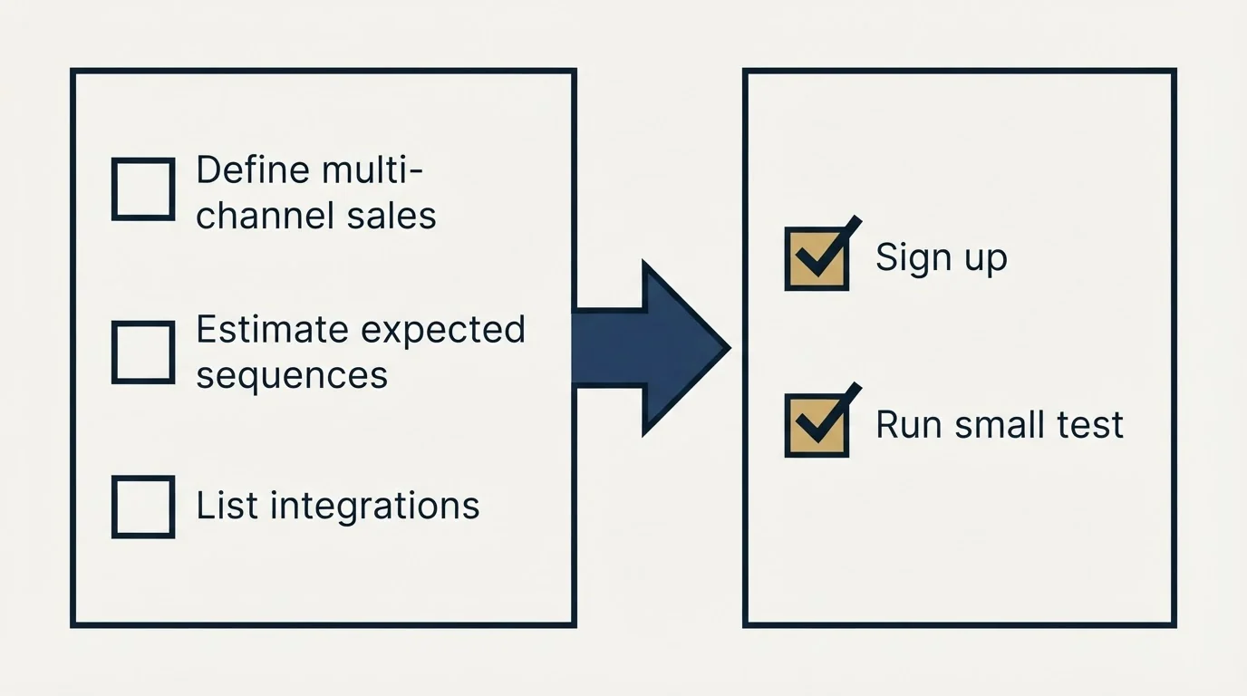 Before-and-after steps: Getting Started Checklist (Define multi-channel sales, Estimate expected sequences, List integrations, Sign up)