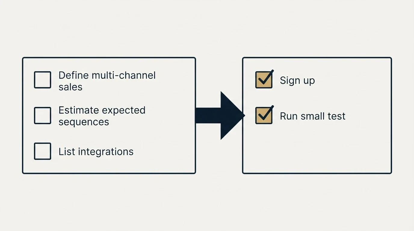 Before-and-after steps: Getting Started Checklist (Define multi-channel sales, Estimate expected sequences, List integrations, Sign up)