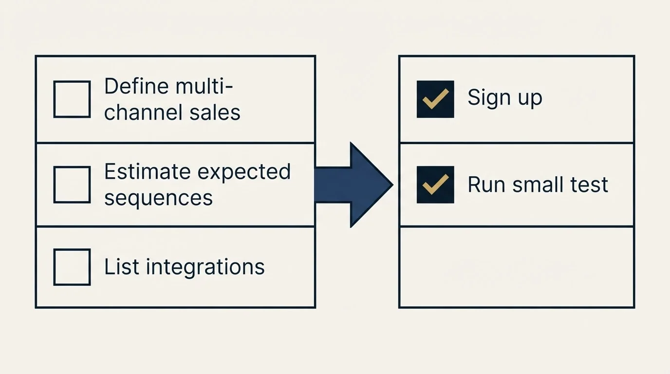Before-and-after steps: Getting Started Checklist (Define multi-channel sales, Estimate expected sequences, List integrations, Sign up)