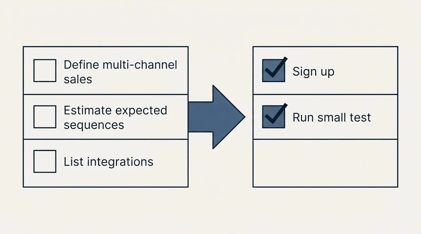Before-and-after steps: Getting Started Checklist (Define multi-channel sales, Estimate expected sequences, List integrations, Sign up)