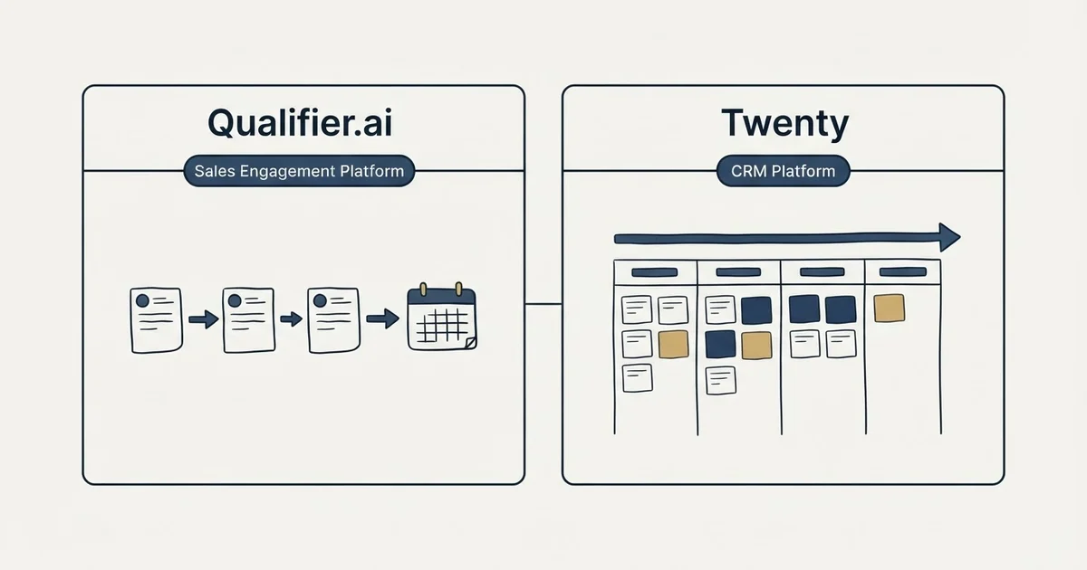 Side-by-side panels: Qualifier.ai vs Twenty (Sales Engagement Platform, CRM Platform)