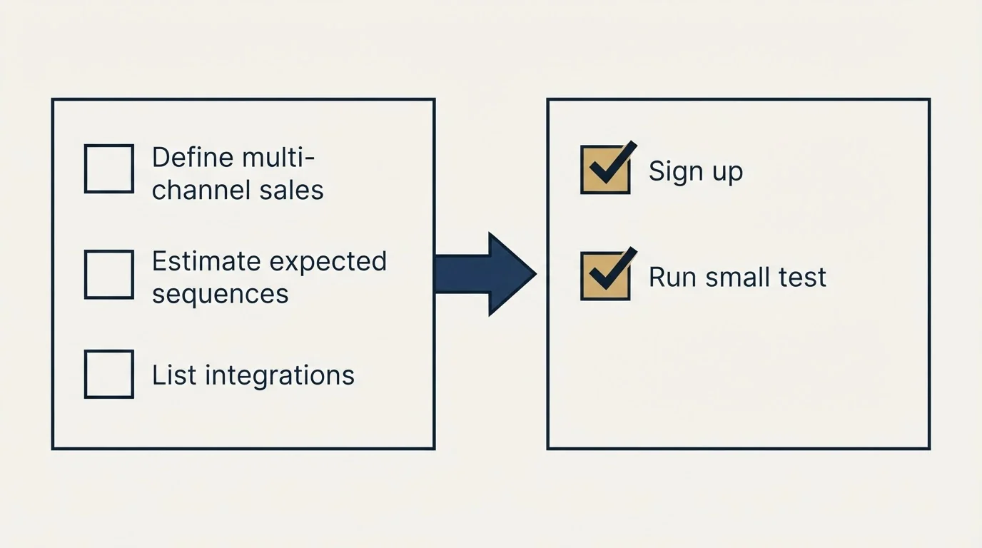 Before-and-after steps: Getting Started Checklist (Define multi-channel sales, Estimate expected sequences, List integrations, Sign up)