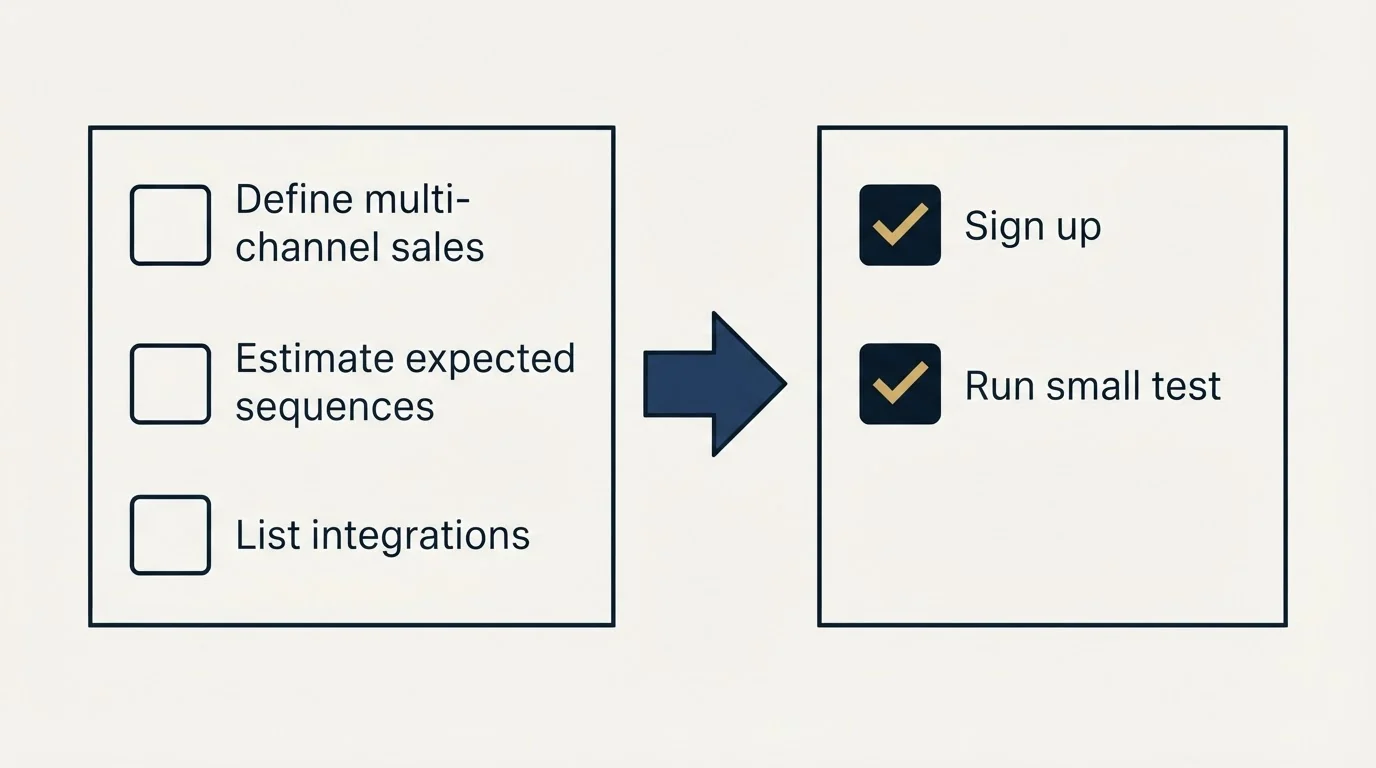 Before-and-after steps: Getting Started Checklist (Define multi-channel sales, Estimate expected sequences, List integrations, Sign up)