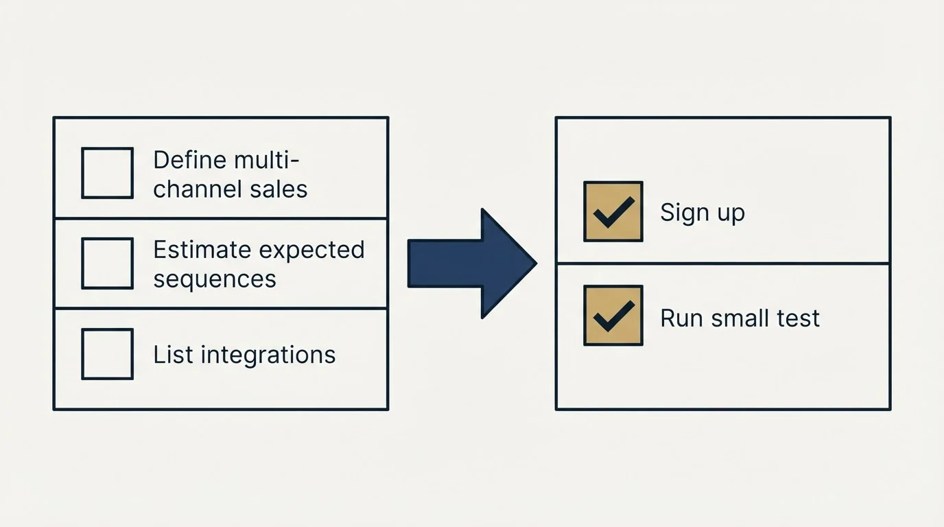 Before-and-after steps: Getting Started Checklist (Define multi-channel sales, Estimate expected sequences, List integrations, Sign up)