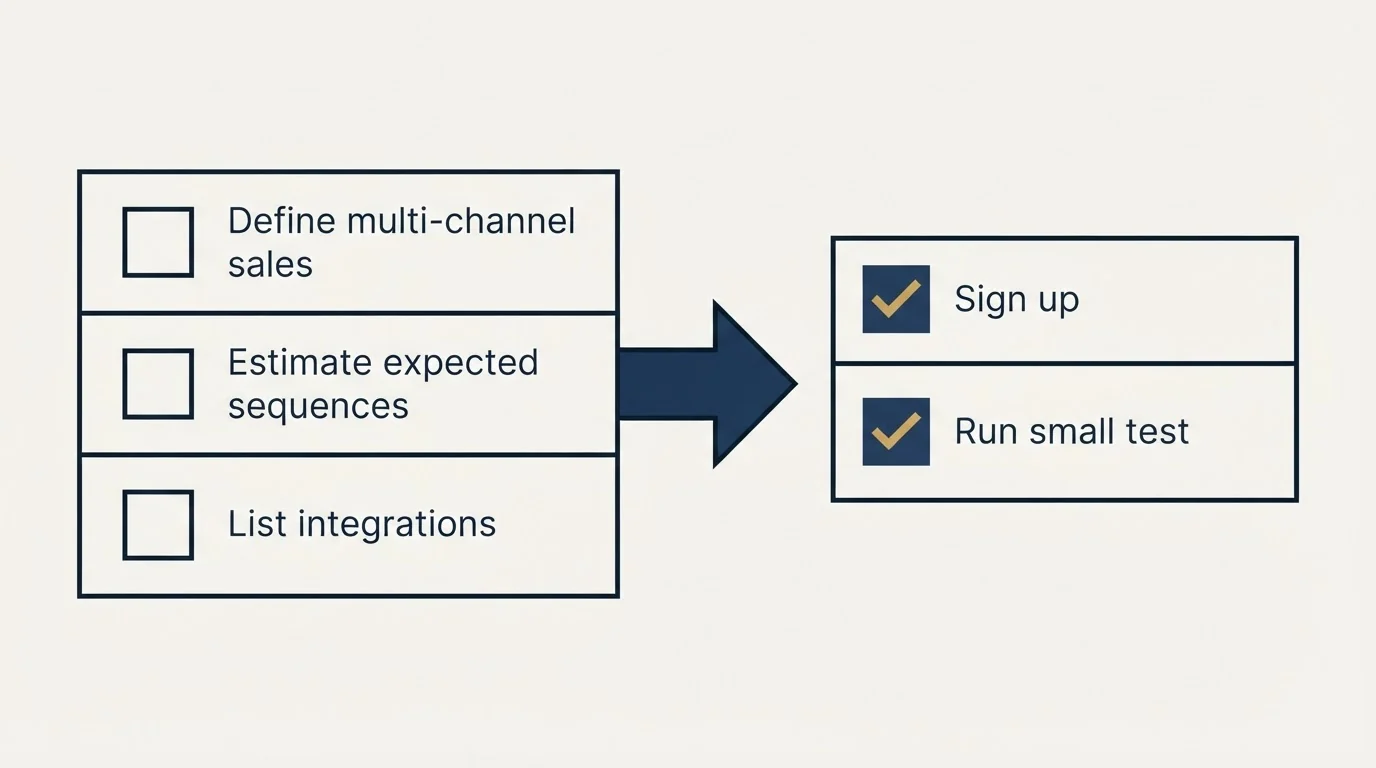 Before-and-after steps: Getting Started Checklist (Define multi-channel sales, Estimate expected sequences, List integrations, Sign up)