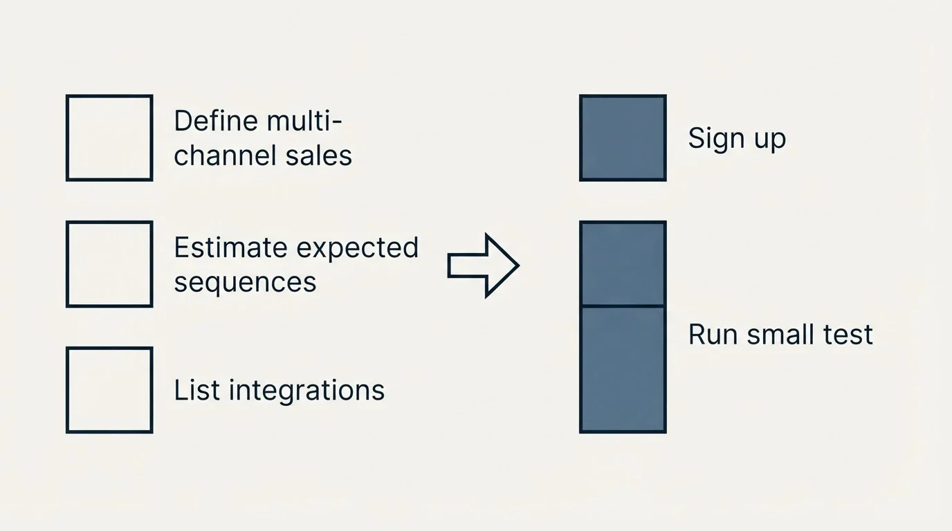 Before-and-after steps: Getting Started Checklist (Define multi-channel sales, Estimate expected sequences, List integrations, Sign up)