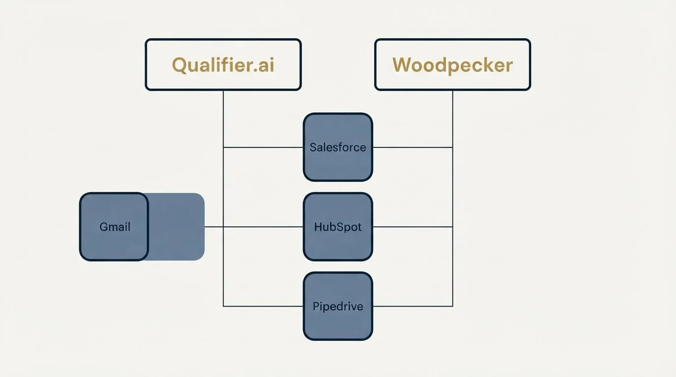 Integration grid: Integration Ecosystem (Qualifier.ai, Woodpecker, Salesforce, HubSpot)