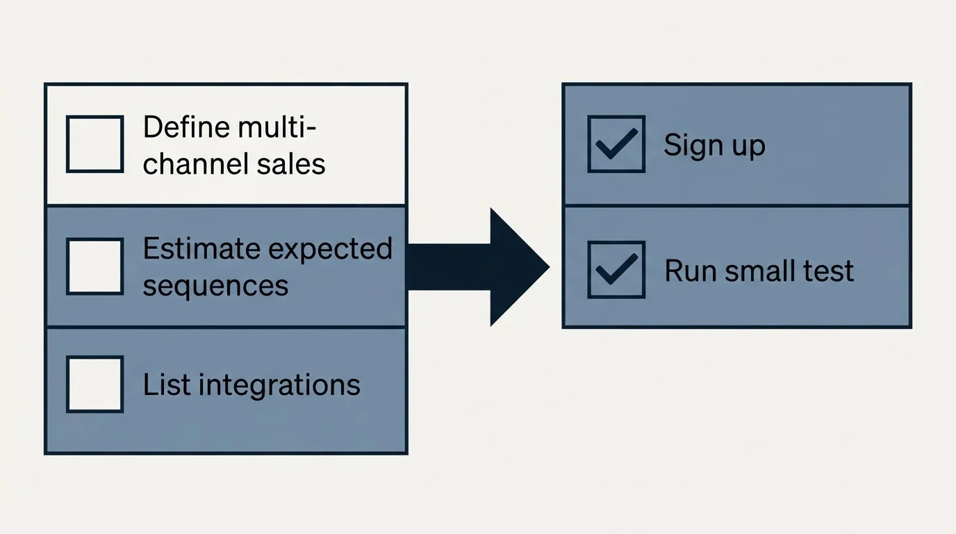 Before-and-after steps: Getting Started Checklist (Define multi-channel sales, Estimate expected sequences, List integrations, Sign up)