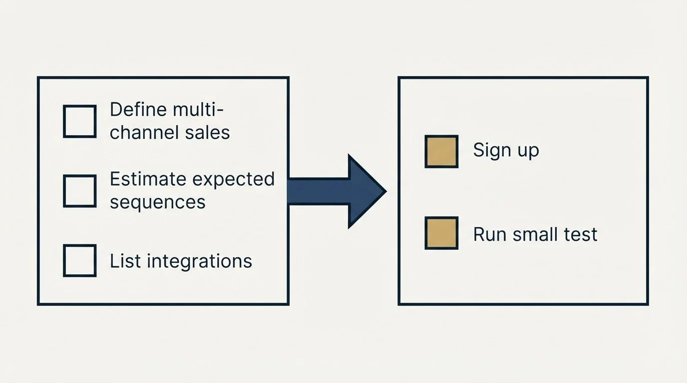 Before-and-after steps: Getting Started Checklist (Define multi-channel sales, Estimate expected sequences, List integrations, Sign up)