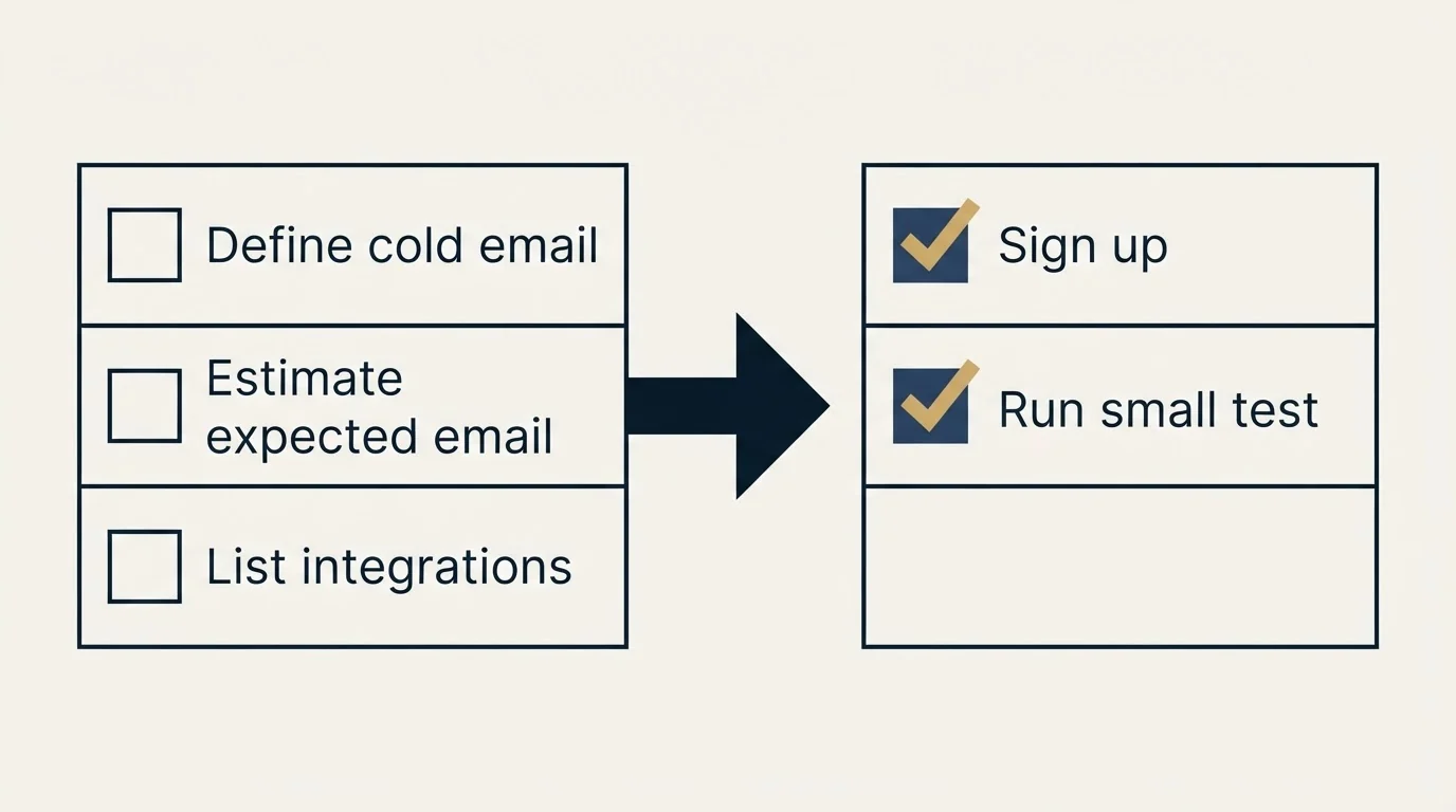 Before-and-after steps: Getting Started Checklist (Define cold email, Estimate expected email, List integrations, Sign up)