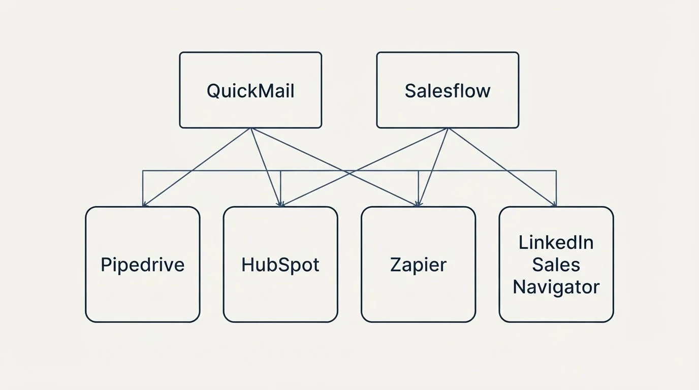 Integration grid: Integration Ecosystem (QuickMail, Salesflow, HubSpot, Zapier)