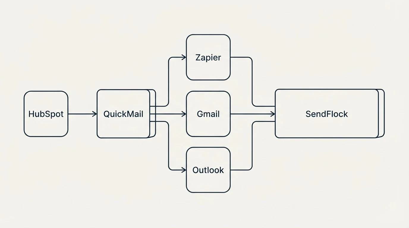 Integration flow: Integration Ecosystem (QuickMail, SendFlock, Zapier, Gmail)
