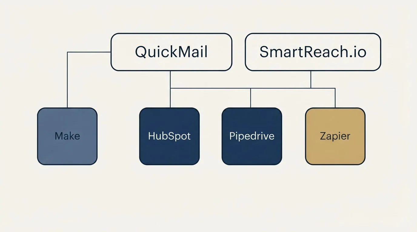 Integration grid: Integration Ecosystem (QuickMail, SmartReach.io, HubSpot, Pipedrive)