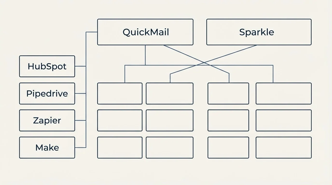 Integration grid: Integration Ecosystem (QuickMail, Sparkle, HubSpot, Pipedrive)