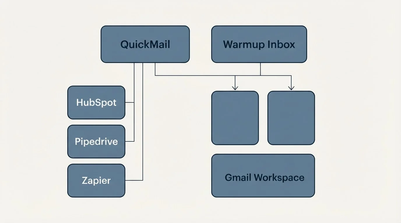 Integration grid: Integration Ecosystem (QuickMail, Warmup Inbox, HubSpot, Gmail Workspace)