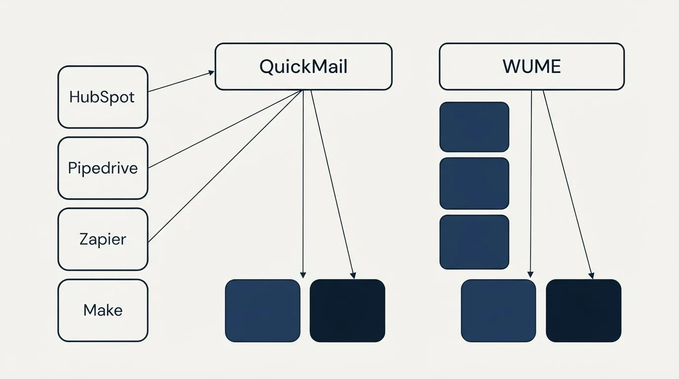Integration grid: Integration Ecosystem (QuickMail, WUME, HubSpot, Pipedrive)