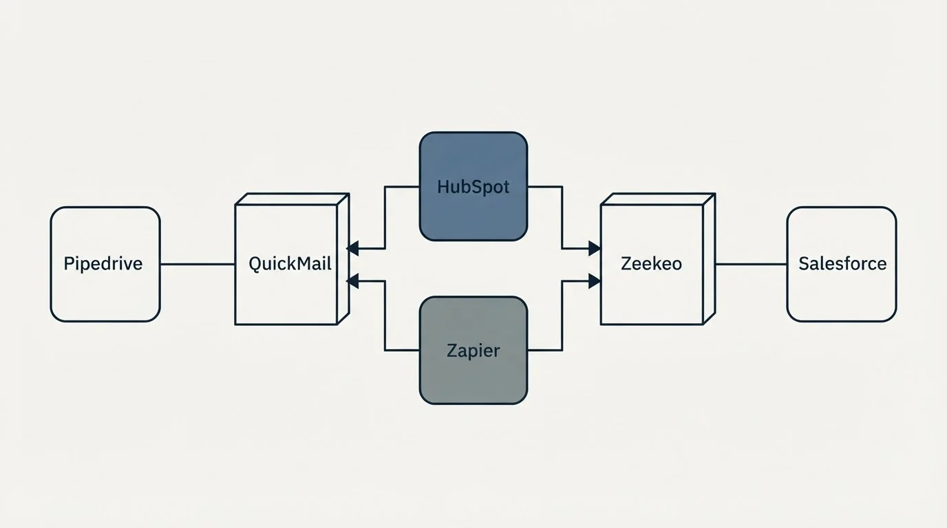 Integration flow: Integration Ecosystem (QuickMail, Zeekeo, HubSpot, Zapier)