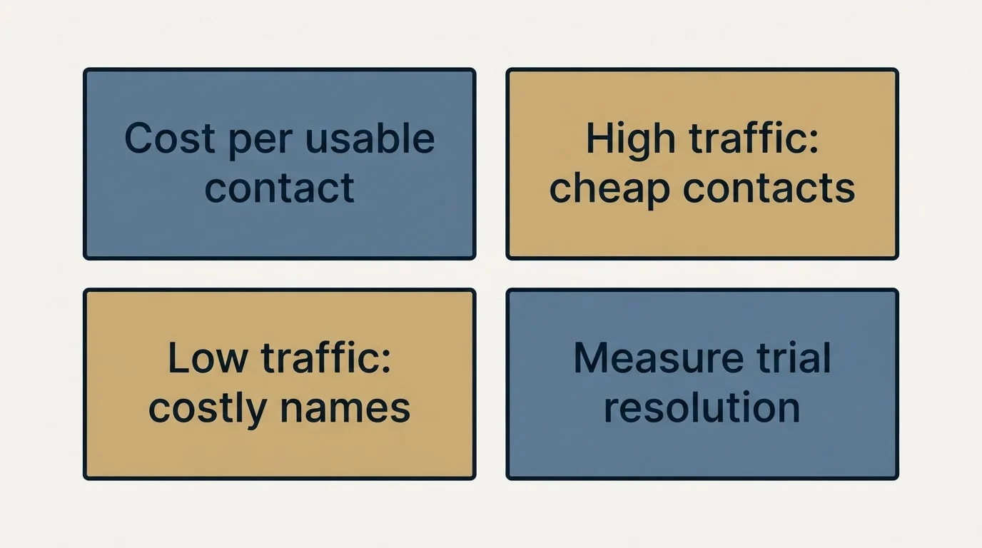 Schematic: The number that decides whether it is worth it (Cost per usable contact, High traffic: cheap contacts, Low traffic: costly names, Measure trial resolution)