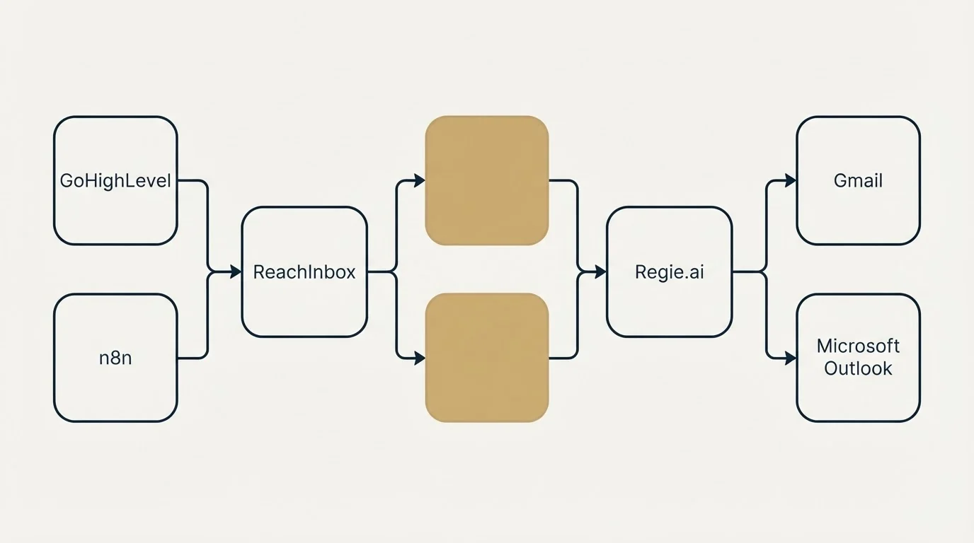 Integration schematic: Integration Ecosystem (ReachInbox, Regie.ai, GoHighLevel, Gmail)