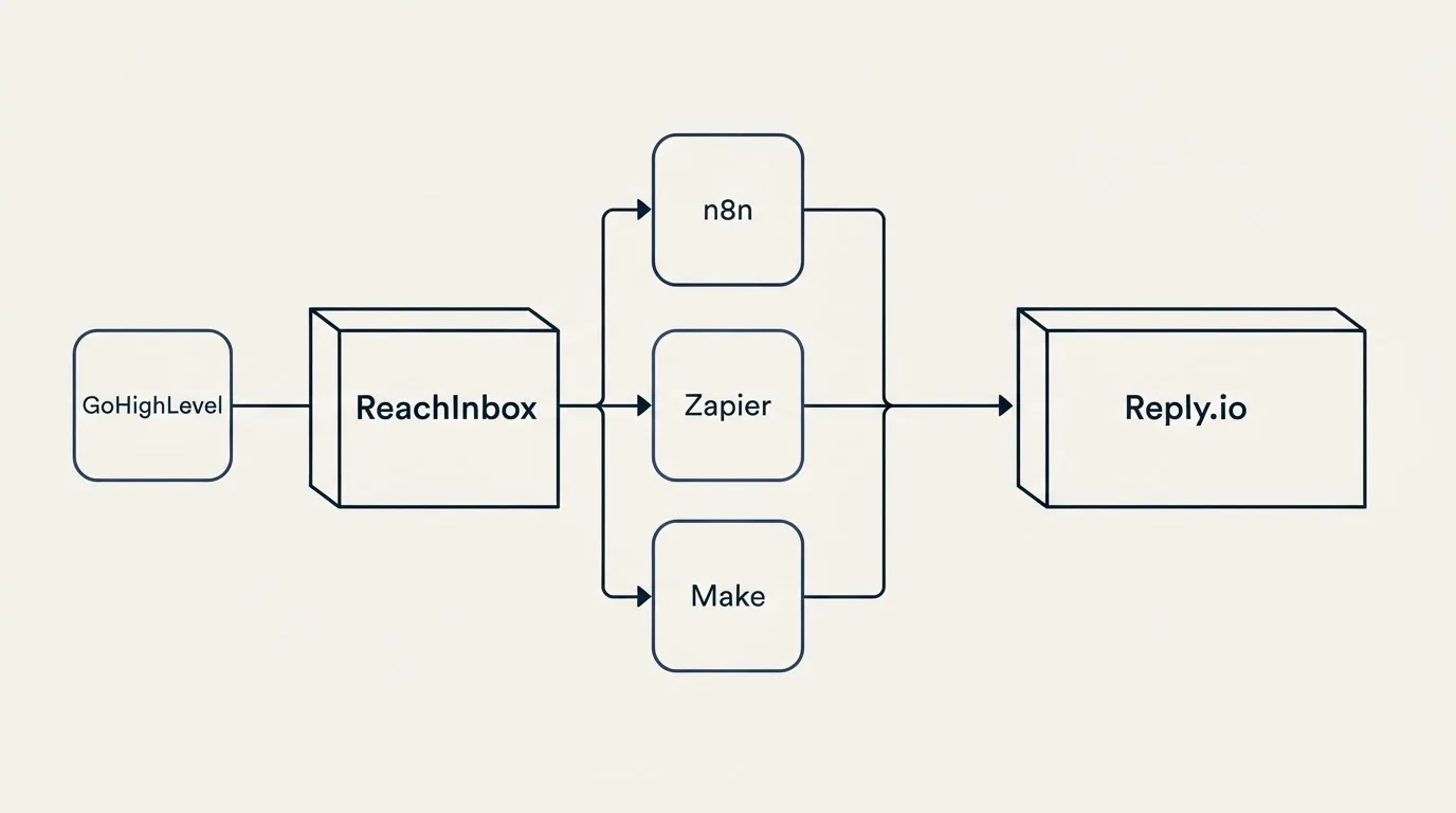 Integration flow: Integration Ecosystem (ReachInbox, Reply.io, n8n, Zapier)