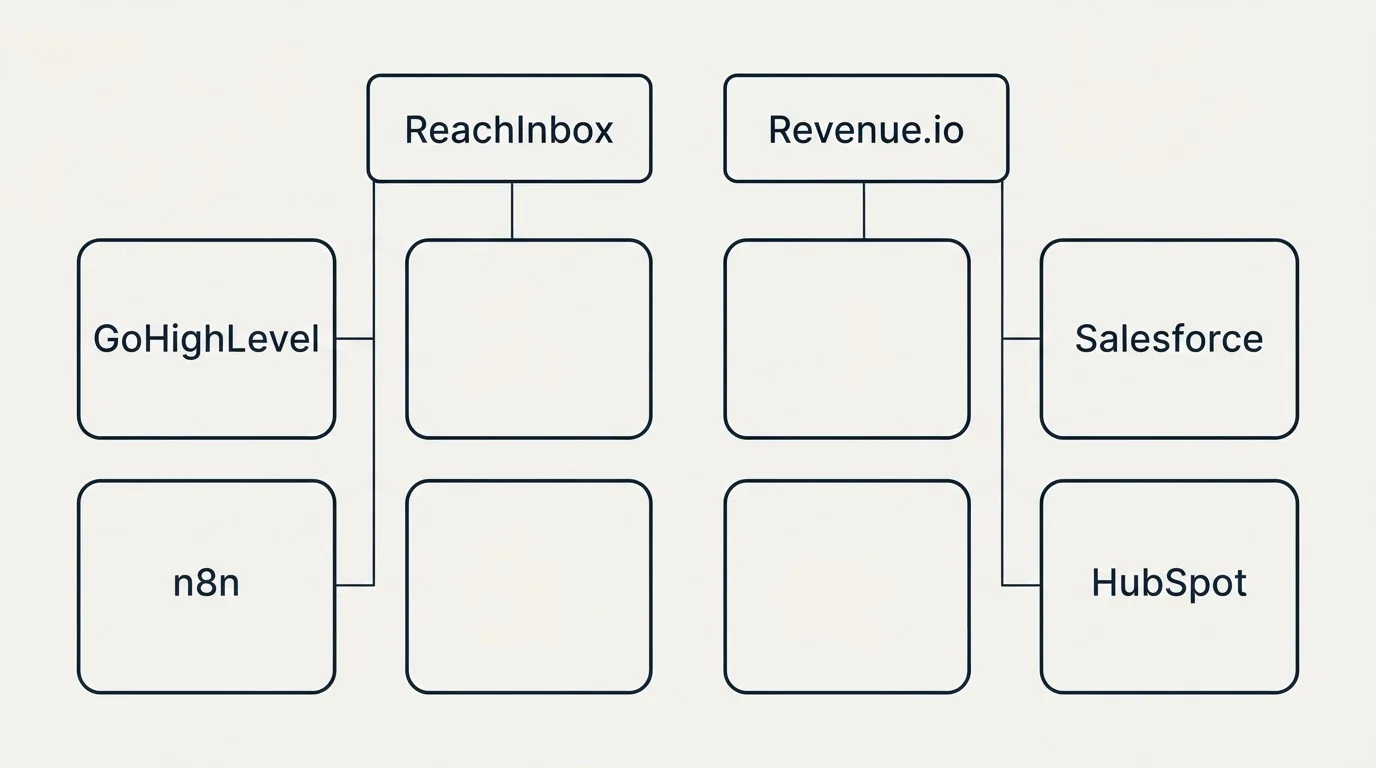 Integration grid: Integration Ecosystem (ReachInbox, Revenue.io, GoHighLevel, Salesforce)