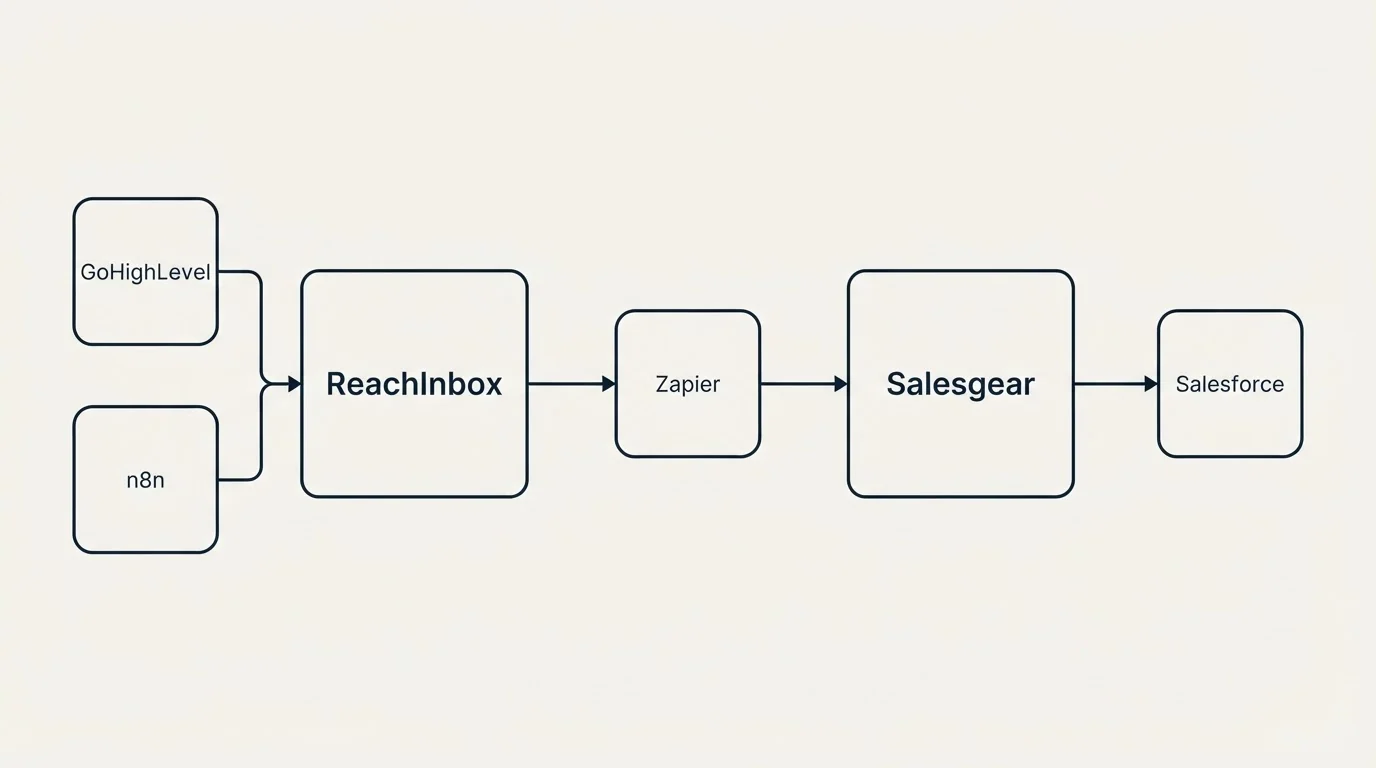 Integration schematic: Integration Ecosystem (ReachInbox, Salesgear, Zapier, GoHighLevel)