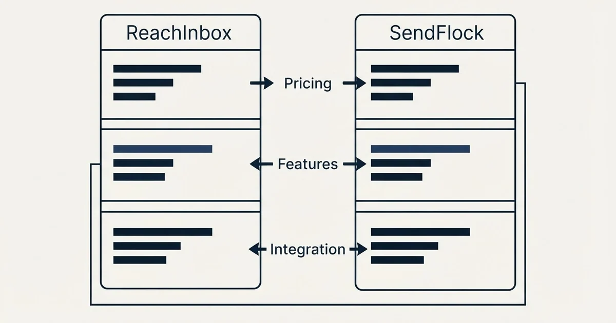 Comparison panel: ReachInbox vs SendFlock (Pricing, Features, Integration)