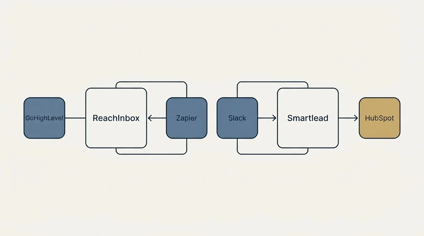 Integration schematic: Integration Ecosystem (ReachInbox, Smartlead, Zapier, Slack)